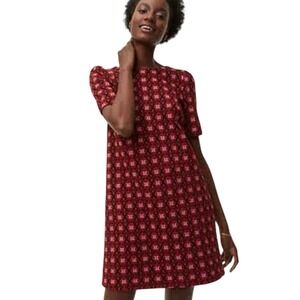 LOFT Scroll Floral Jacquard Short Sleeve Shift Mini Dress Red/Black Petite‎ XS